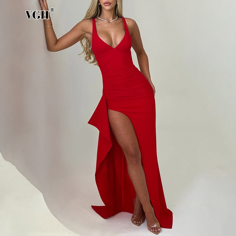 

VGH Sexy Camisole Dresses for Women V Neck Sleeveless High Wiast Slimming Thigh Slit Temperament Party Dress Female Fashion New