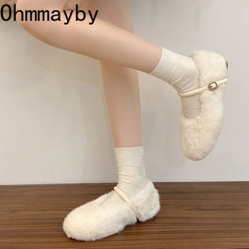 New Women Fleece Mary Jane Flats One Strap Buckle Winter Warm Plush Lined Square Toe Ladies Daily Wear Casual Shoes