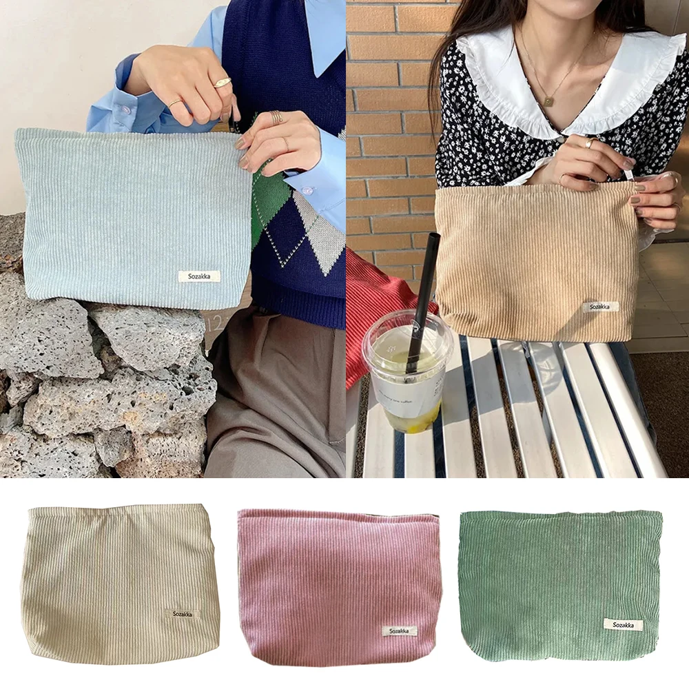 Borsa cosmetica da viaggio in velluto a coste borse portatili? Pochette portaoggetti per trucco da donna con cerniera di grande capacità