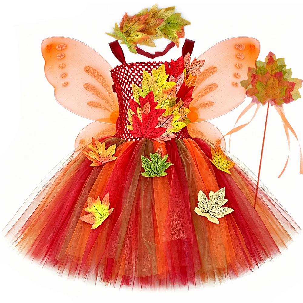 Fall Maple Leaves Fairy Costume for Girls Tulle Princess Tutu Dress Kids Halloween Thanksgiving Carnival Party Dress Up Outfits