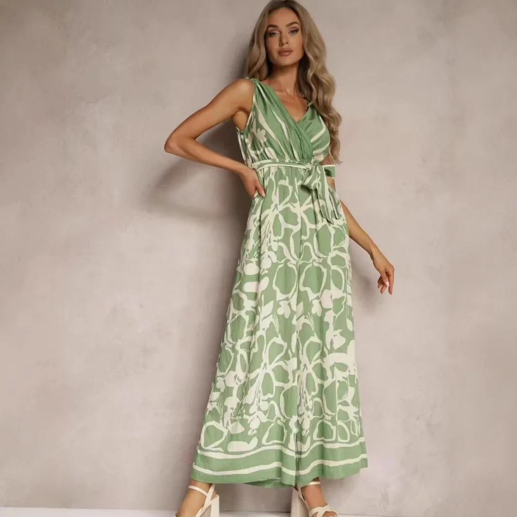 

2025 Summer New Fashion American European Women'e Elegant Casual Trendy Loose V-neck Sleeveless Jumpsuits Female Clothes Pants