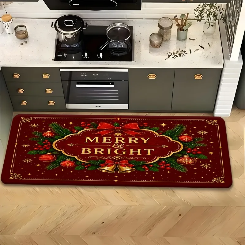 Artistic Printed Merry Xmas Long Runner Rug Classic Bell Bow Pine Branch Letter Print Carpet Indoor Floor Rug for Festive Decor
