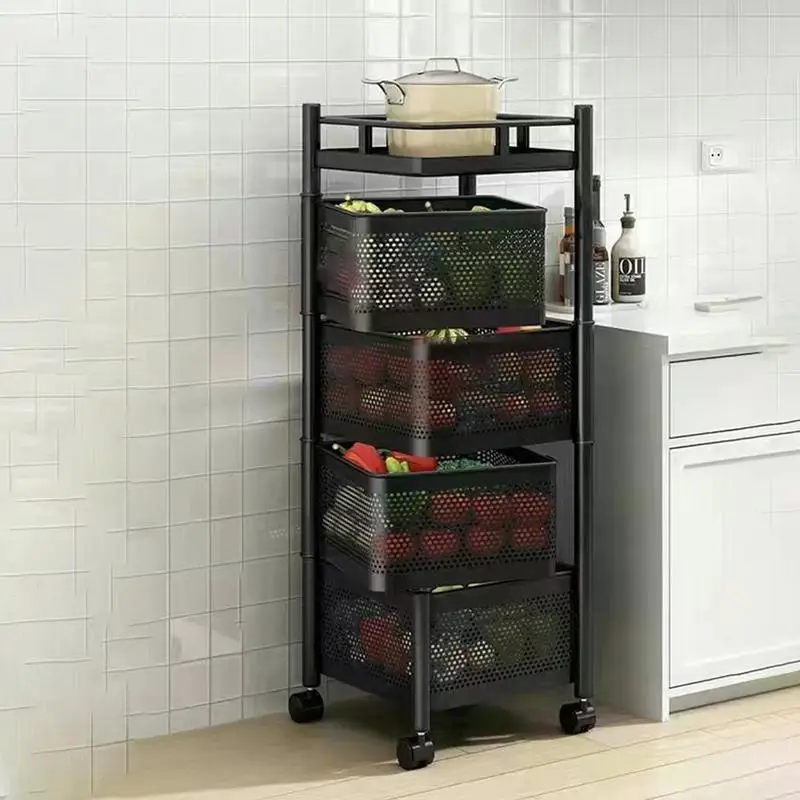 Fruit Basket For Kitchen Standing Vegetables Storage Rack Rotatable No Assembly Rolling Cart Basket With Wheels For Potatoes