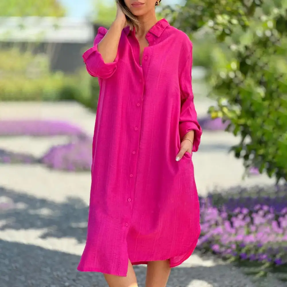 

Women Shirt Dress Elegant Mid-calf Length Women's Dress with Side Pockets Turn-down Collar for Casual Daily Wear Commute Loose