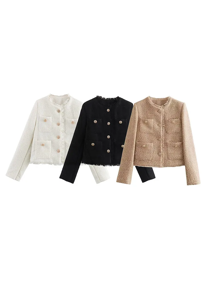 

2024 European and American style new women's clothing slim and versatile design long-sleeved buttons woolen short jacket