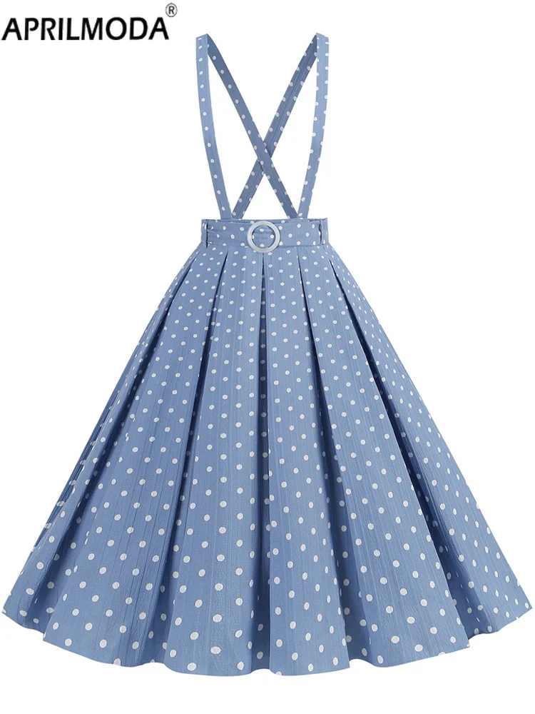 2024 Elegant Vintage Pleated 50s Straps Skirt 50s 60s Polka Dot Print Preppy Style High Waist Swing Sling Casual Summer Skirts