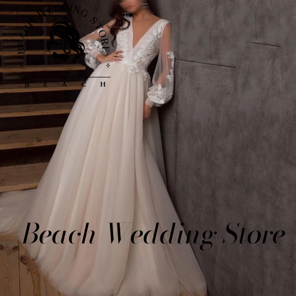 

Beach Customized VNeck Long Puff Sleeves Wedding Dresses Elegant Tulle Lace Appliques Bride Gown Sweep Train A Line Bridal Dress