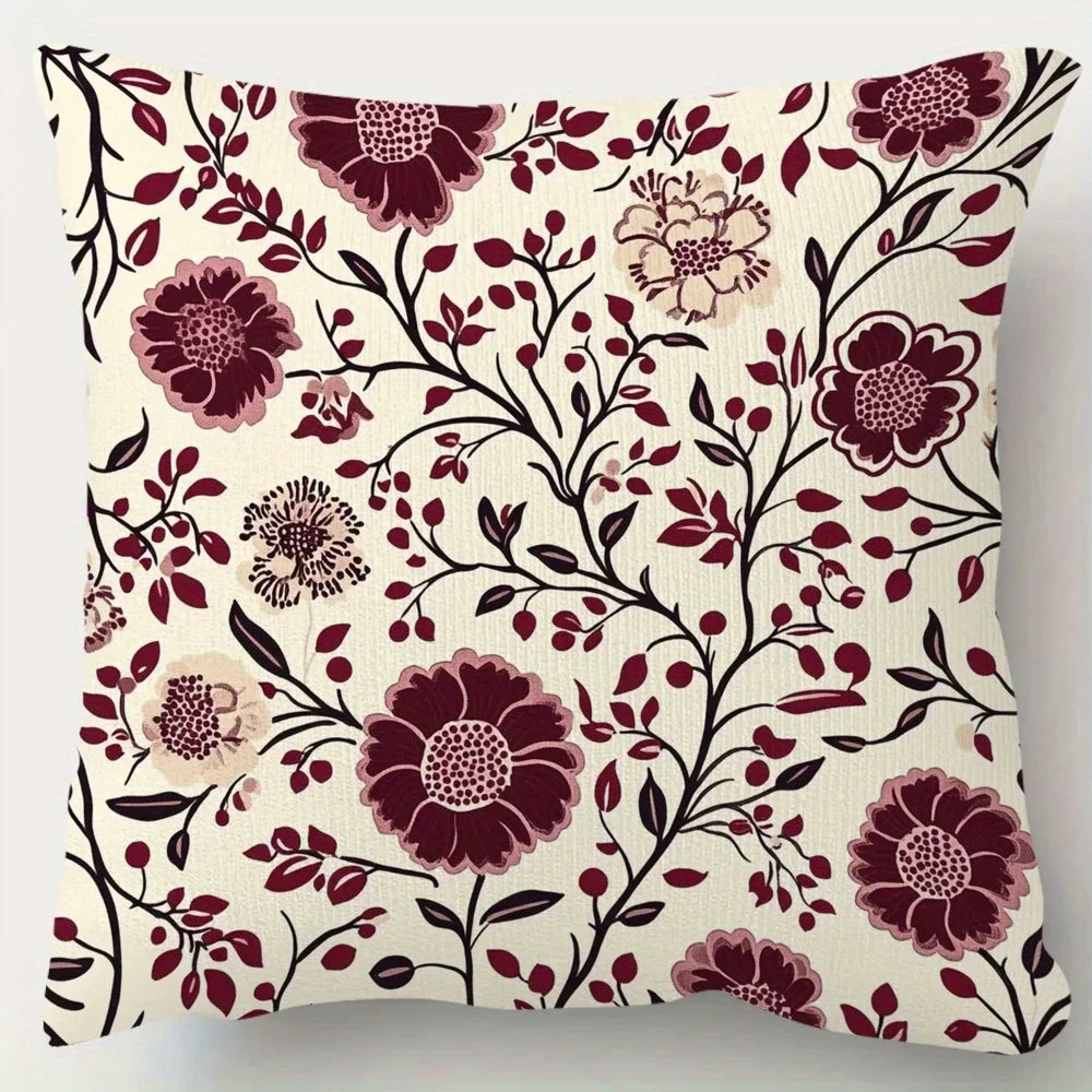1Pc Vintage Floral Cushion Cover Burgundy Cream Botanical Print Pillowcase For Sofa Bedroom Home Decor Decorative Throw Case