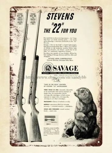 garage art 1950 gun firearm Stevens .22 Caliber Beaver Rodentia Savage tin sign