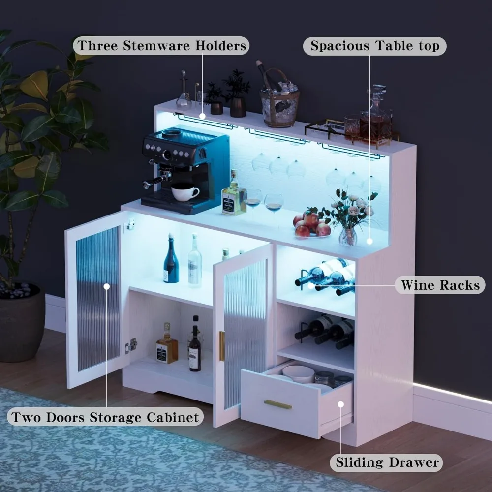 Wine Bar Cabinet w/ LED Light - Modern Kitchen Coffee Bar w/ Wine & Glass Rack"