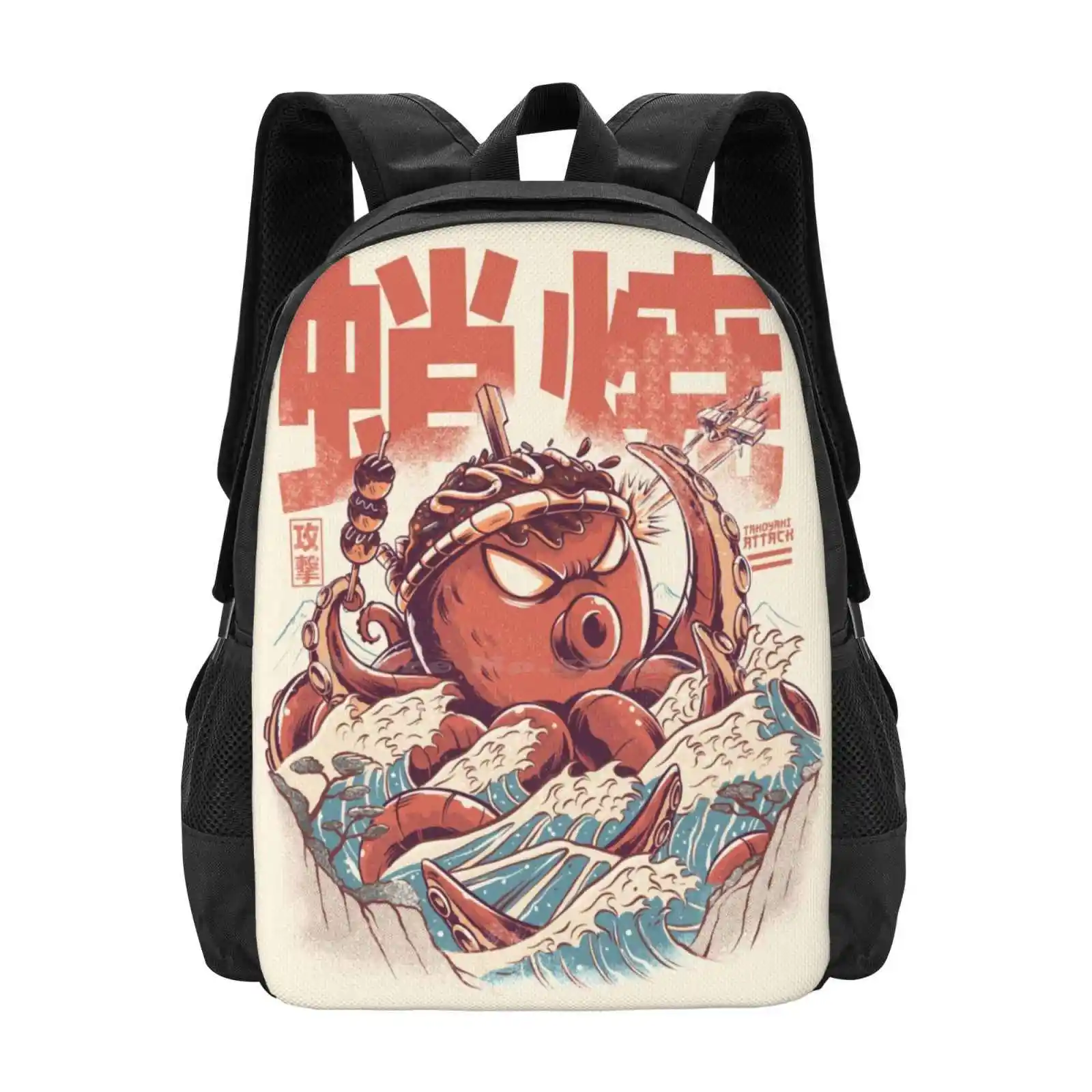 Takoyaki Attack Pattern Design Laptop Travel School Bags Monsters Takoyaki Great Wave Off Kanagawa Vintage Kaiju Japanese Food