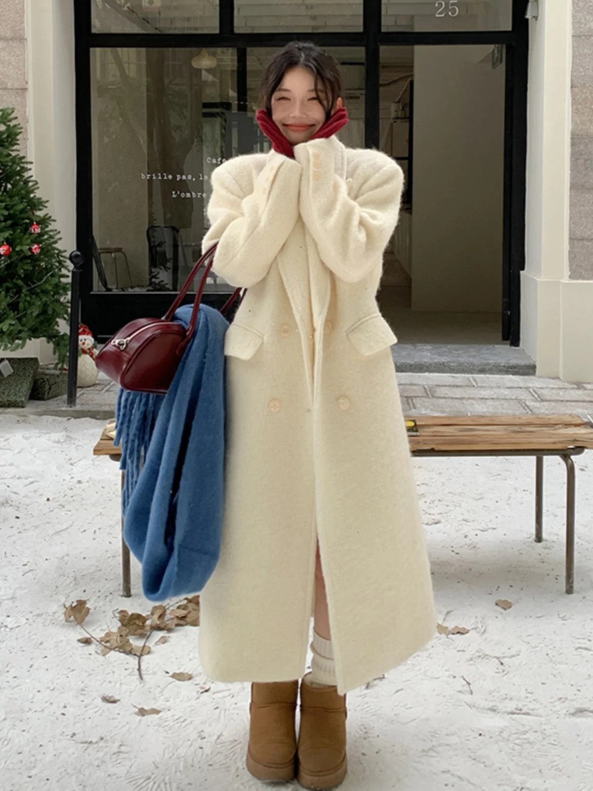 

Masalady Studio Women's Woolen Coat oulder Length Jaet Korean Sle Mid-Length Cotton Lined High-End Feel Commute Faion