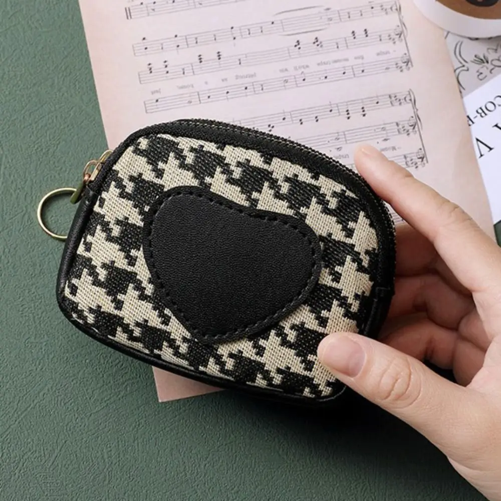 Pu Leather Canvas Coin Purse Car Key Bag Printing Houndstooth Zipper Purse Card Holder Money Clip Short Style Wallet Outdoor