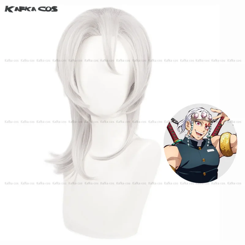 Anime Uzui Tengen Cosplay Wig Silver White 35cm Short Wigs Uzui Tengen Cosplay Earrings Tattoo Stickers Prop For Halloween