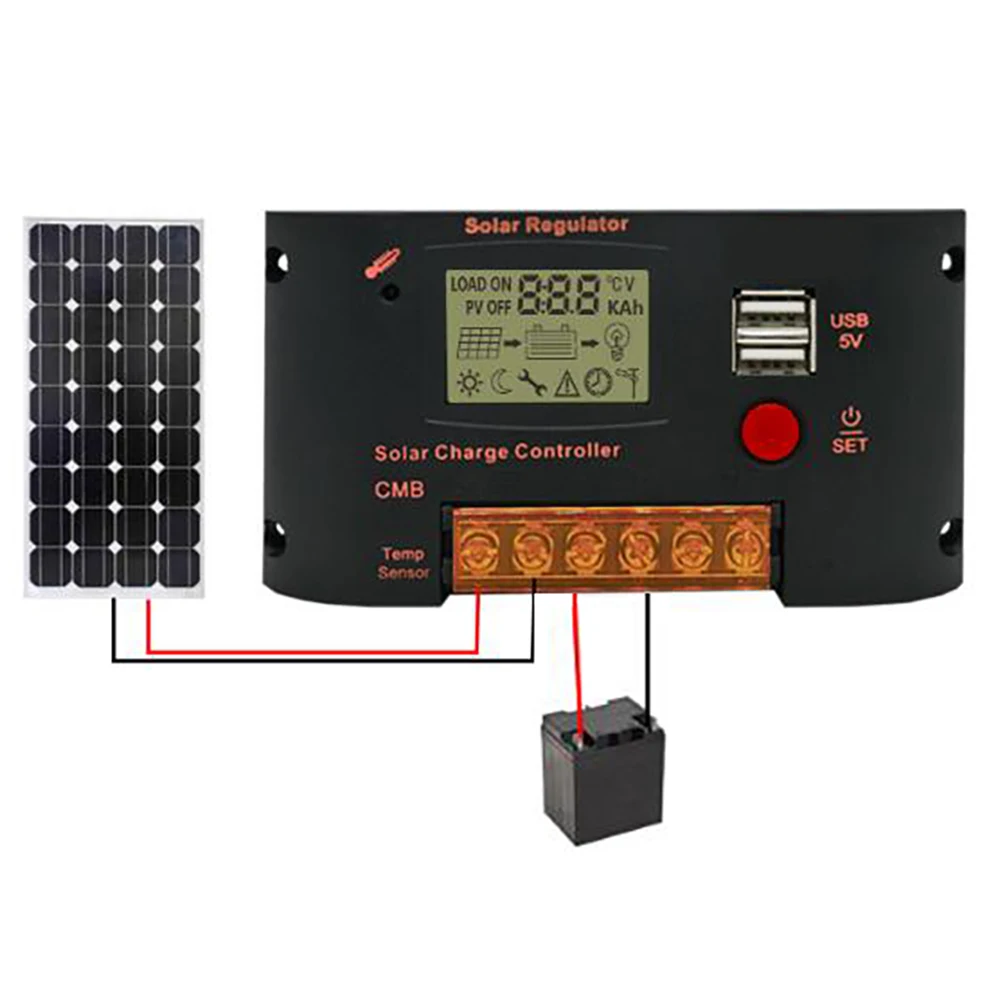 10Amp 20A 12V 24V PWM Intelligent Solar Panel PV Charge Controller with LCD Display Screen for Lead-acid/Lithium/LiFePO4 Battery