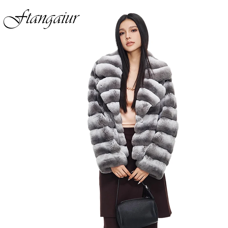

Ftangaiur новая зимняя импортная шуба из кроличьего меха рекс с длинным рукавом, женская полосатая короткая шуба из натурального меха кролика рекс с отложным воротником