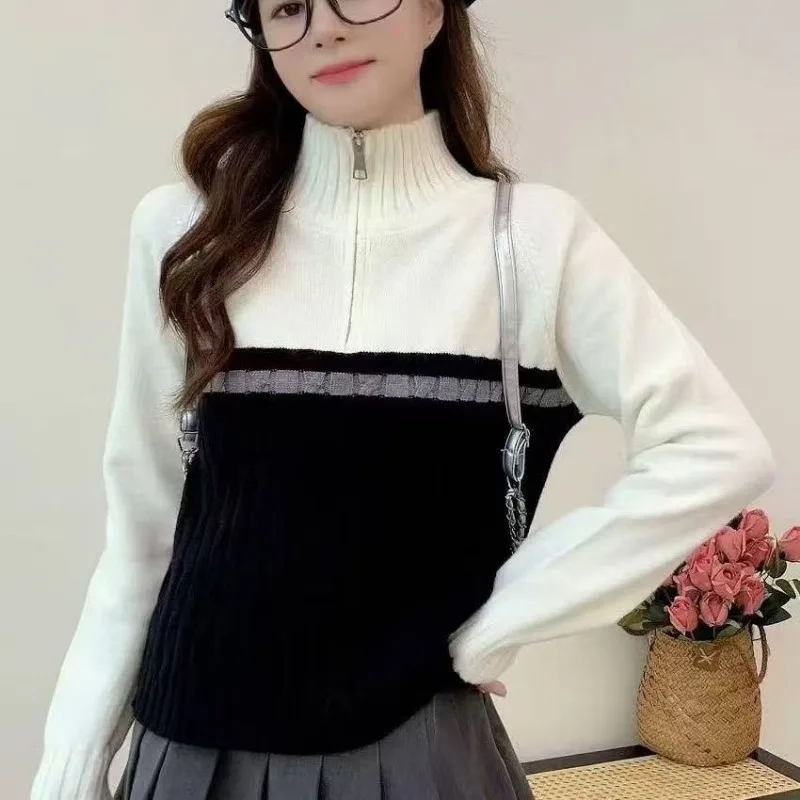 Lapel Half Zipper Turtleneck Knitted Jacket Sweater Autumn and Winter Fashion Loose Color Combination New Style