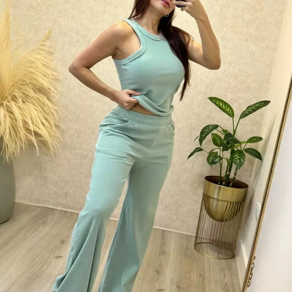 2pcs Clothes Set Women's Clothing New Solid Color Rib Fabric Sleeveless Tank Top Cami High Waist Pants Suit