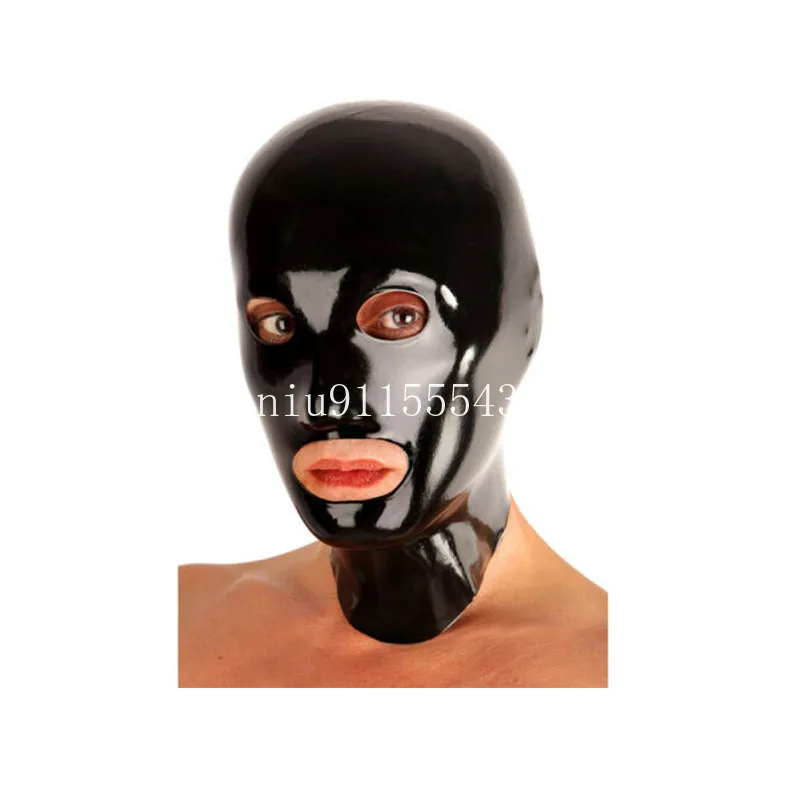 

Latex Mask Hood Black Open Eyes and mouth Back Zip for Cosplay Halloween Party Wear Bodysuit