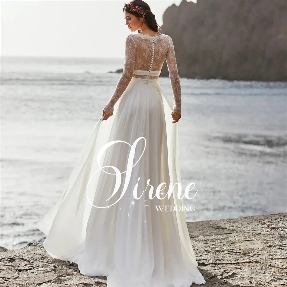 Sirene Boho Chiffon Lace Illusion Wedding Dresses A-Line Deep V-Neck Long Sleeves Bridal Gown Back Button 2024 Vestidos De Novia