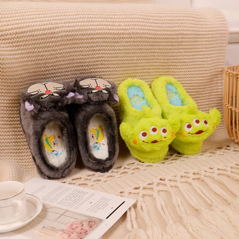 Disney Plush Slippers Cartoon Alien Baotou Warm Slippers Autumn And Winter Indoor Anti-slip Lucifer Cat Couple Home Slippers