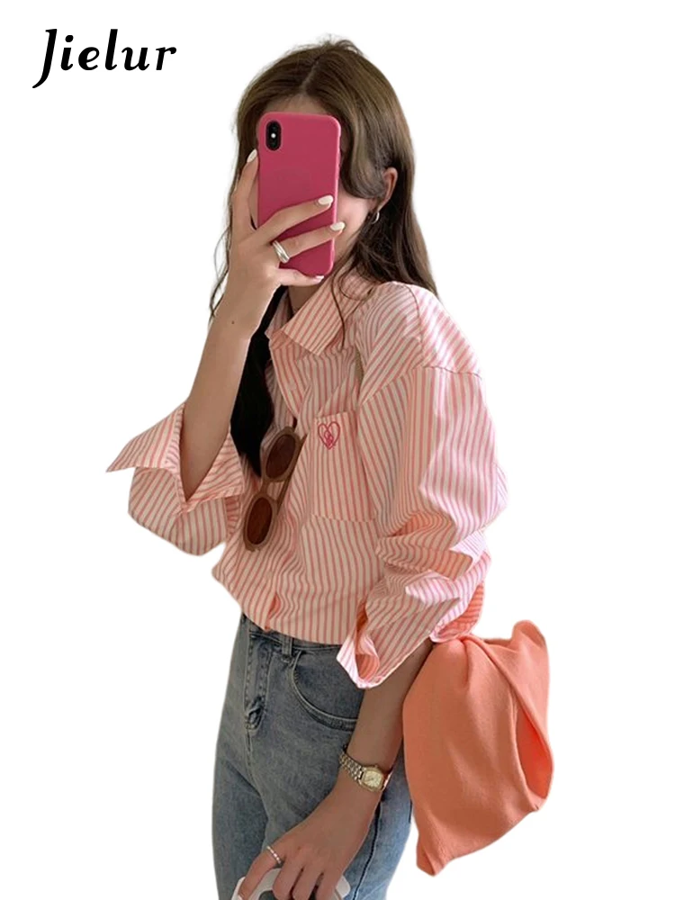 Jielur Pink Striped Embroidery Women Shirt Spring New Drop Sleeves Single Breasted Fashion Female Shirts Chic Casual Office Lady