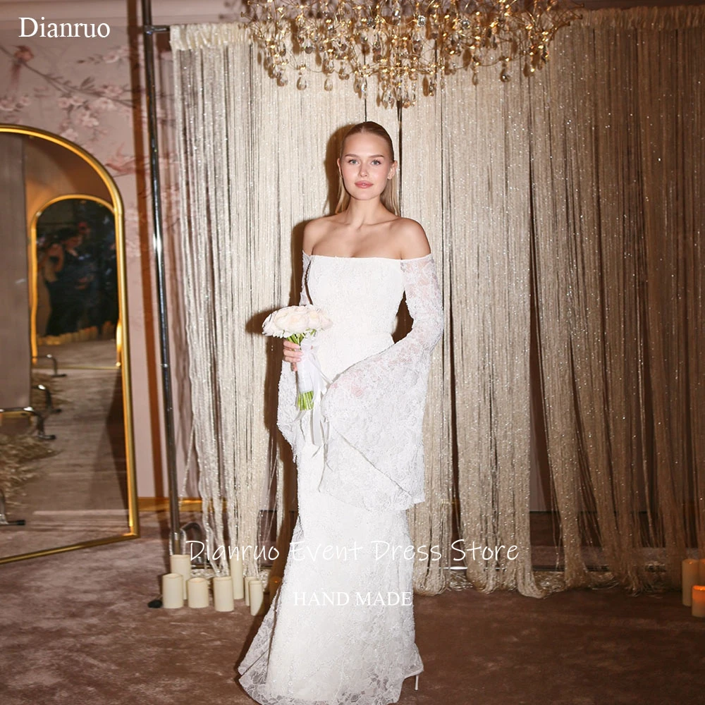 Dianruo Off Shoulder Lace Wedding Dress Mermaid Bell Sleeves Vestido Novia Floor Length Handmade 2026 Robe De Mariée Customized