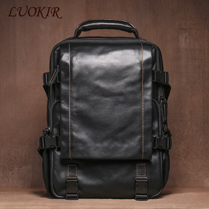 LUOKIR Casual Men\'s Leather Backpack Outdoor Camping Woman School Bag Business Office Computer Bag Suitable For Laptop 14 Inch