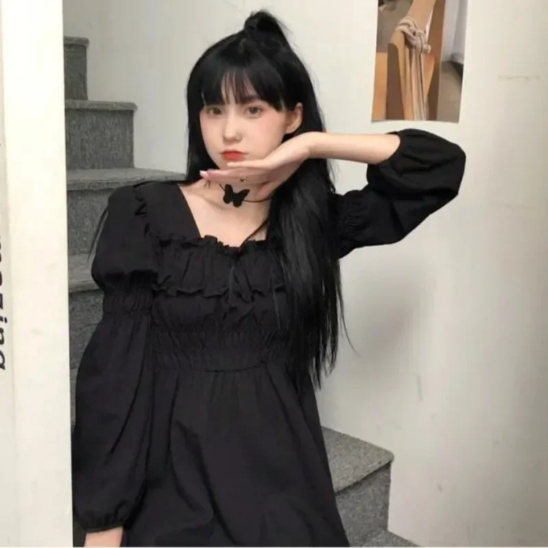 

Spring New Lolita Black Dress Summer Goth Puff Sleeve High Waist Vestidos Vintage Lace Trim Party Gothic Clothes Dress Y2k