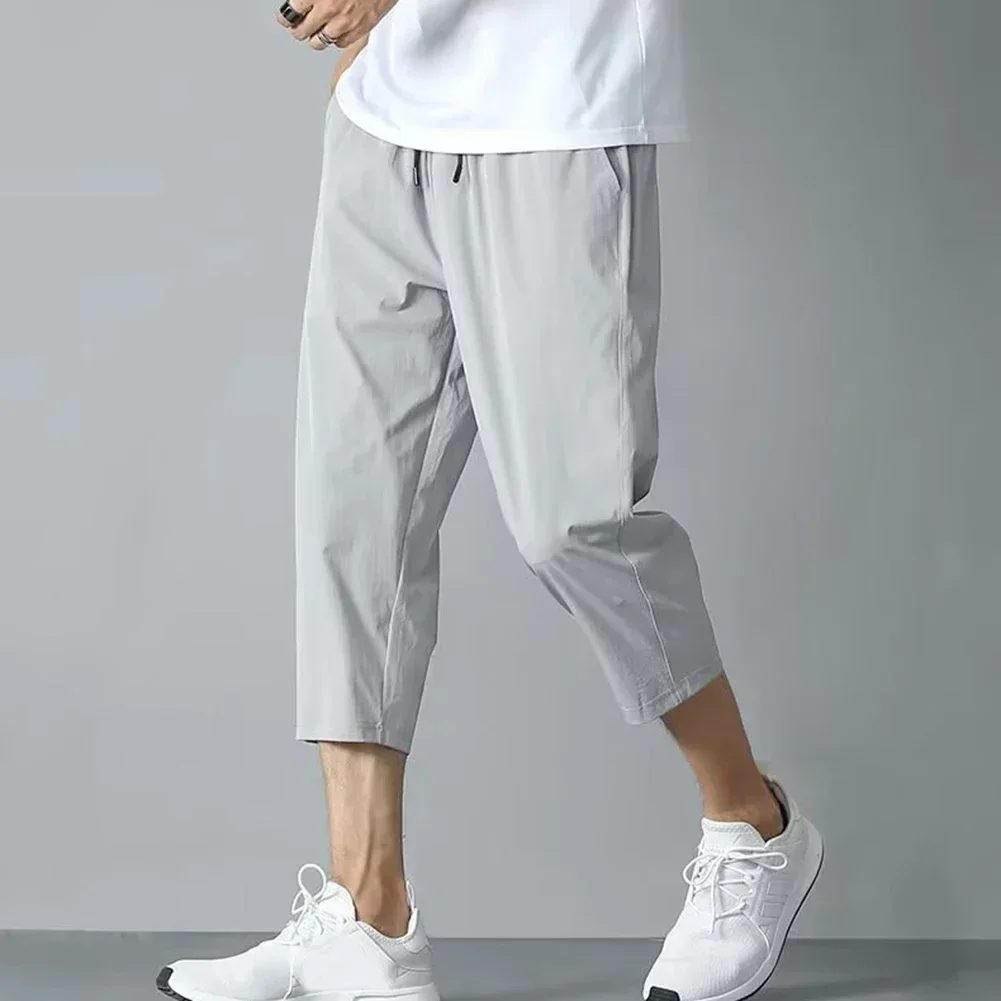 2025 New Summer Men's Ice Silk Pants Hong Kong Style Trendy Loose-Fit Straight-Leg Cropped Pants Korean Version Casual Pants