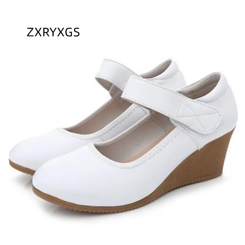 

ZXRYXGS Genuine Leather White Shoes Woman Wedges Comfort Soft Sole Wear-resisting High Heels 2023 Spring Increased Nurse Shoes