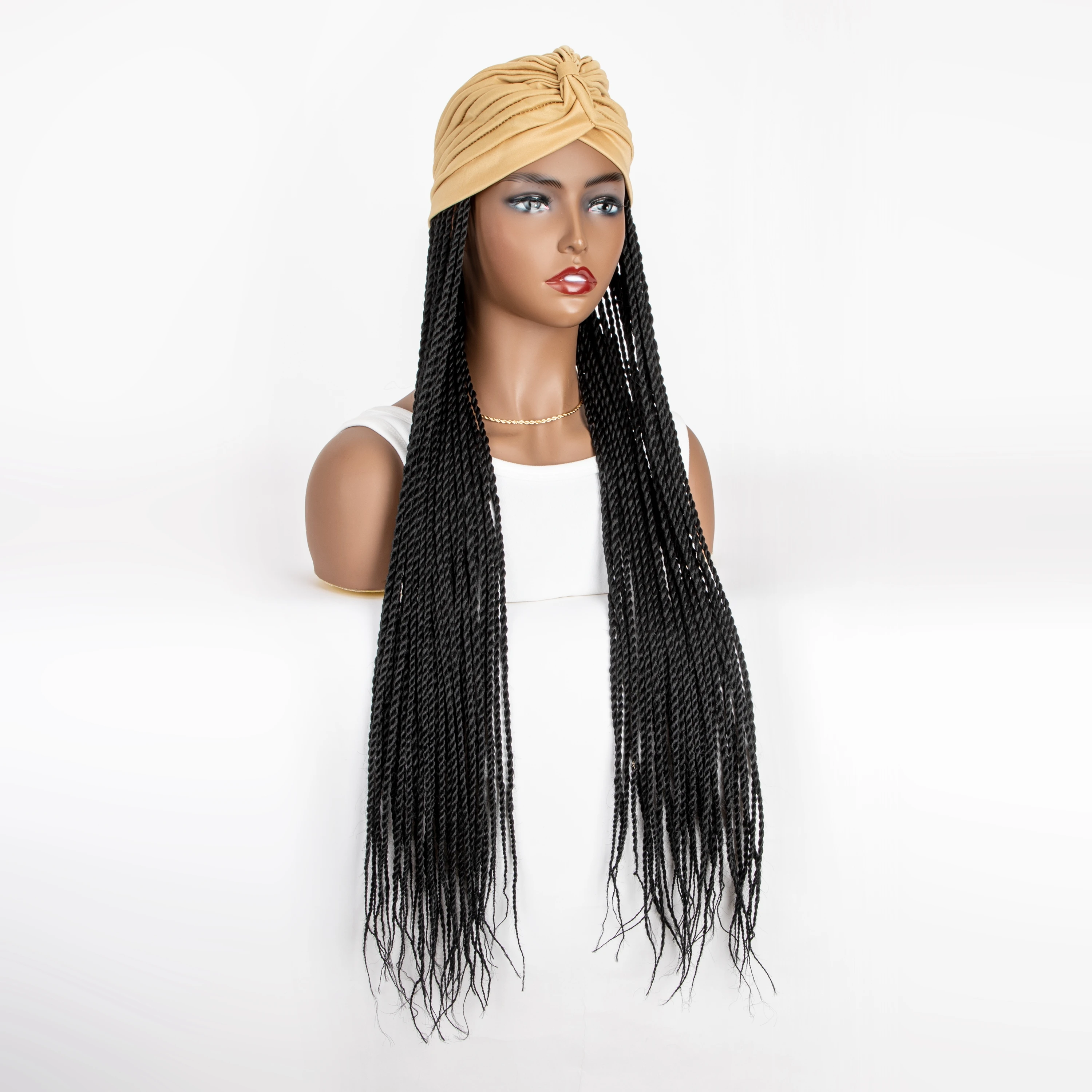 Wigera Lange Zwarte Twist Gevlochten Met Bordeauxrode Hoofdbanden Synthetische Pruiken Met Tulband Vlechten Hair Extensions Headwraps Voor Dames