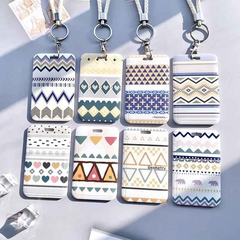 Geometrische Patroon Card Cover Case Mannen Vrouwen Werk Badge Sleutelhanger Portemonnee Student School Toegangskaart Bus Credit Id Kaarthouder tassen