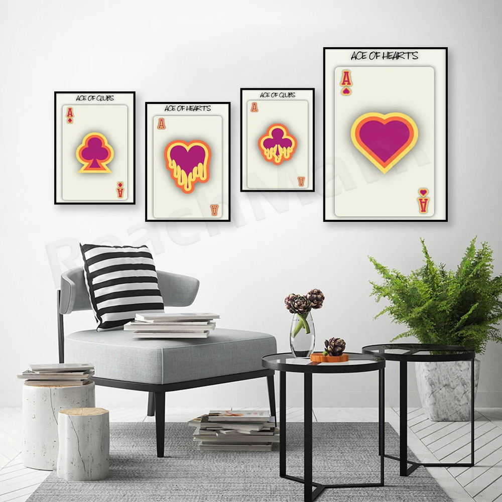Playing cards poster, ace of hearts, club ace, colorful playing cards, trend print, neutral art, playroom decoration poster