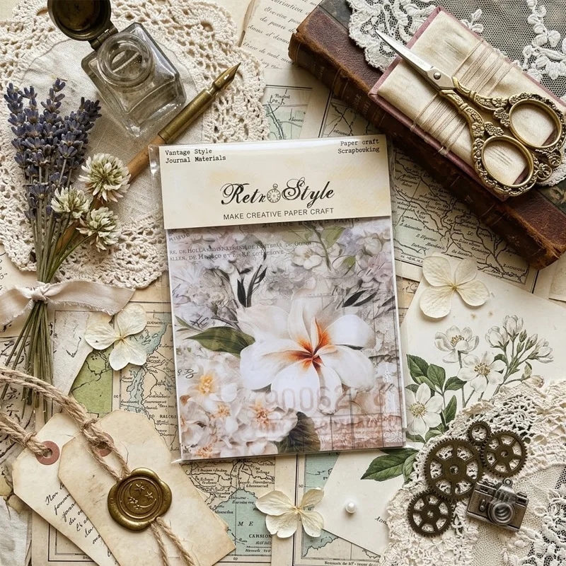 Retro French Botanical Old Script Printed Cardstock Scrapbooking Sheet Junk Journal DIY Collage Decoupage Album Handmade Decor