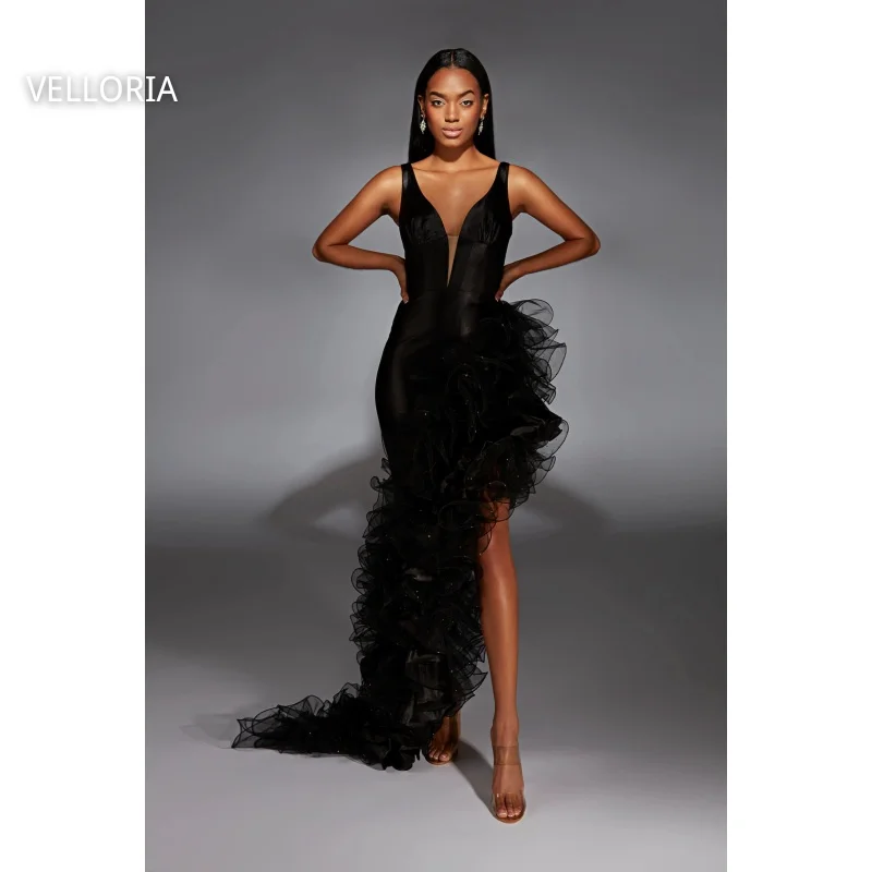 

Black Shiny Women's All Gown v-Neck Sleeveless Party Dress Sexy Ruffle Gala Dresses Evening Party Vestdos De Fiesta Customized