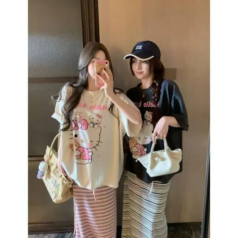 Sanrio Hello Kitty Matching T-Shirts Drop Shoulder Cartoon Cotton Tees Casual Loose Best Friend Couple Outfit Tops 2 Colors