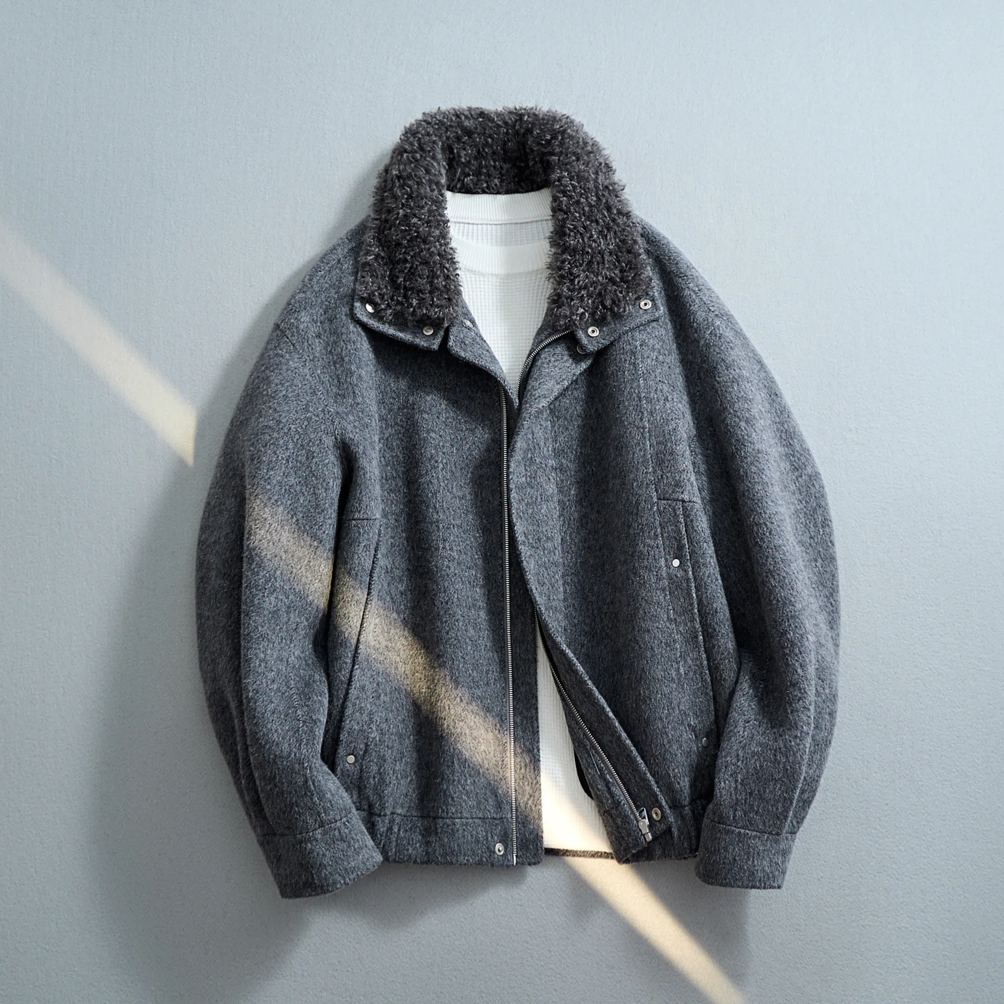 Men Double Sided Wool Blend Jacket Detachable Furry Collar Zip Up Loose Short Wool Coat Autumn Winter Warm Casual Outerwear