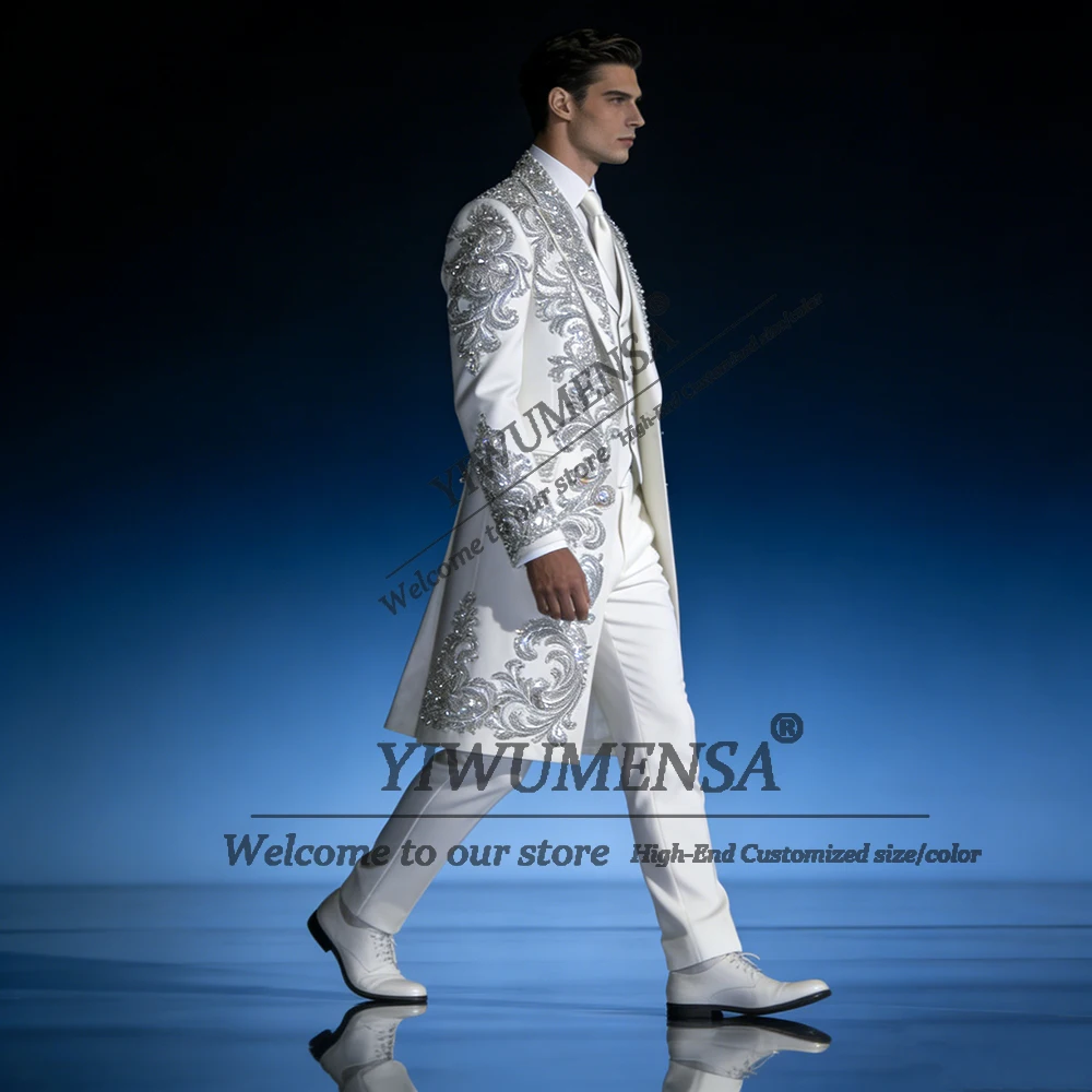 

Rhinestones Crystals Long Suits Men For Wedding Single Breasted Prom Blazers Customized 3 Piece Set Banquet Man Business Tuxedos