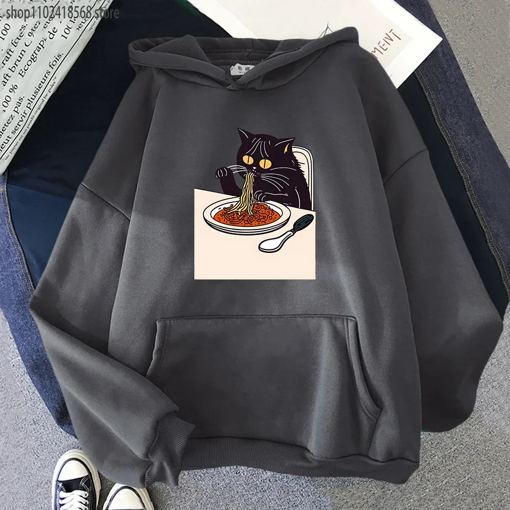 Cartoon Cat Eating Spaghetti Hoodie MEN Cute Animal Graphic Sweatshirt Harajuku Popular Characters High Street Korean Style Tops