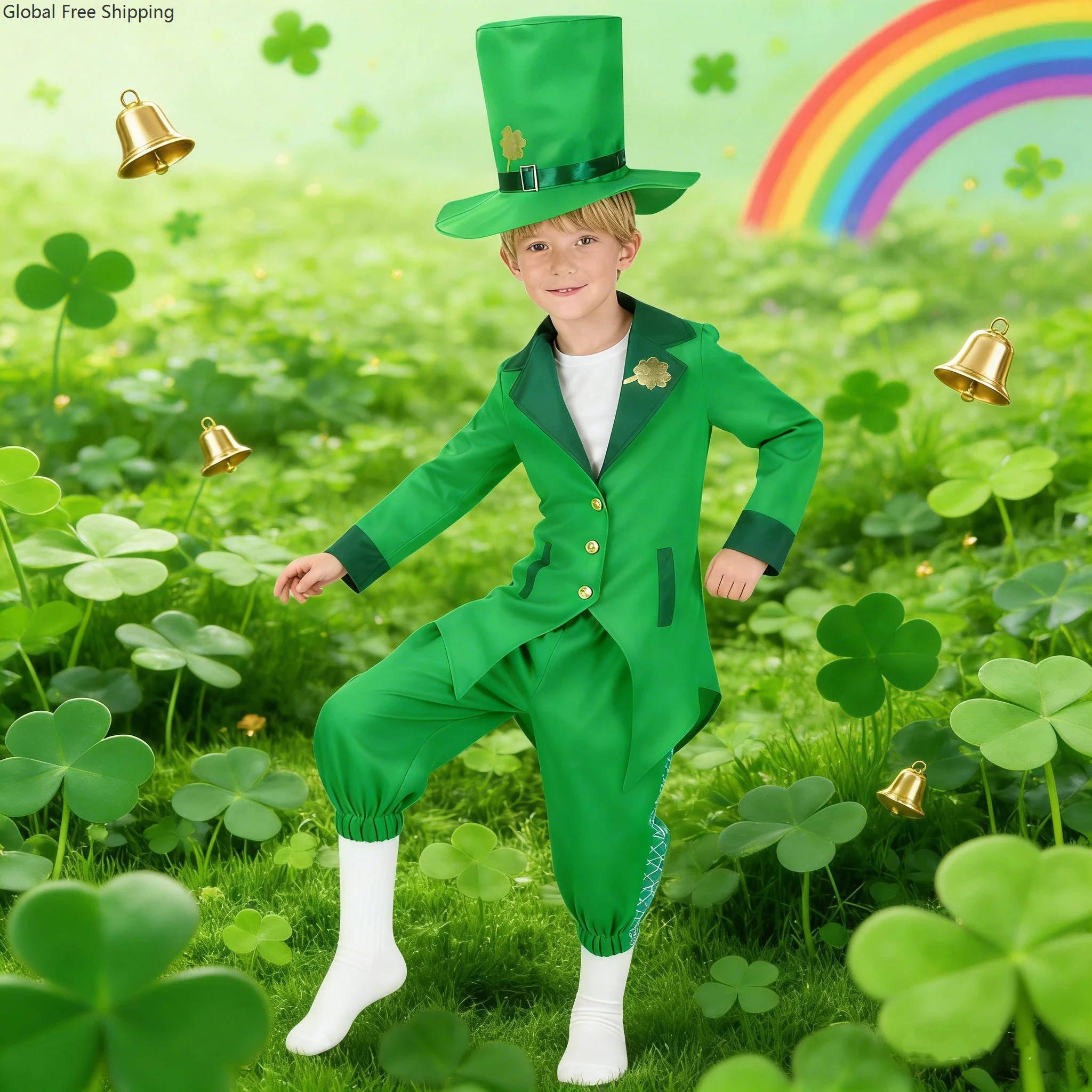 

Boy's Irish St. Patrick's Day Party Costume Children's Leprechaun Green Fancy Dress Halloween Clover Stage Performance Suit Set