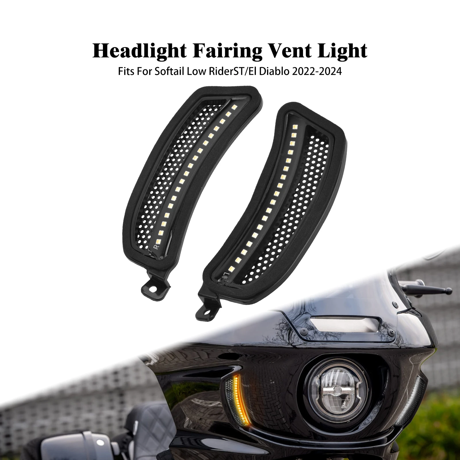 

Motorcycle Headlight Fairing Vent Lights Accents LED Turn Signal For Harley Softail Low Rider ST FXLRST 22-24 El Diablo FXRST 22