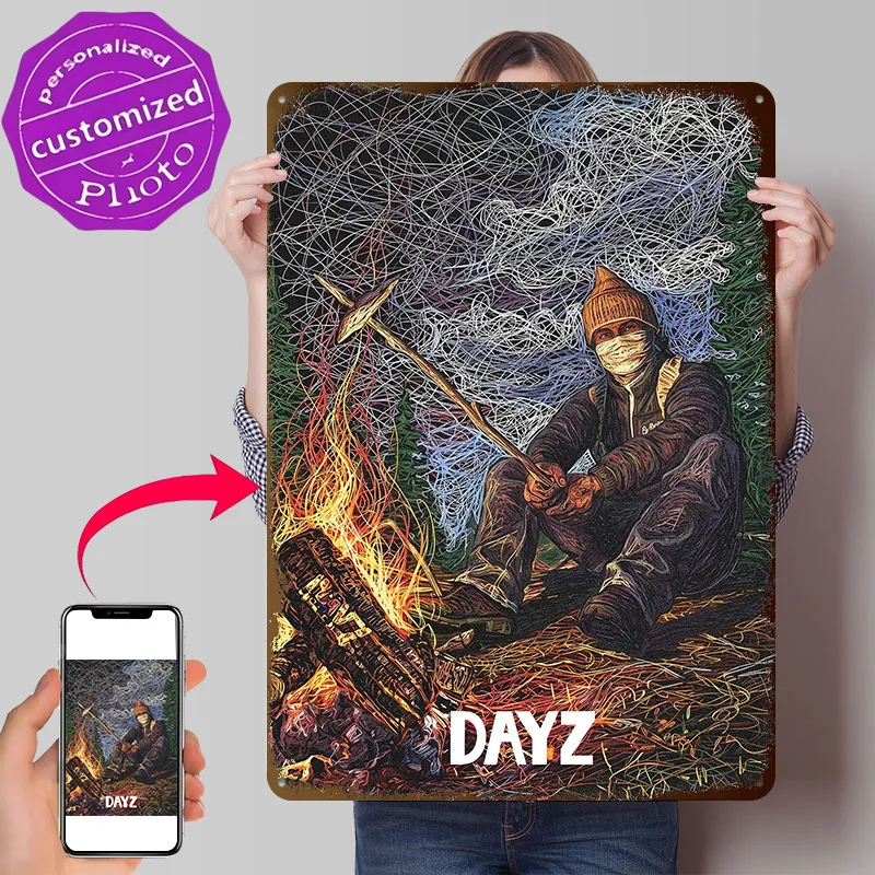 DayZ Survivor Roasting Food Over Campfire Personalized 3D Textured Metal Poster Wall Art Vintage Tin Signs for Wand Deko Decor
