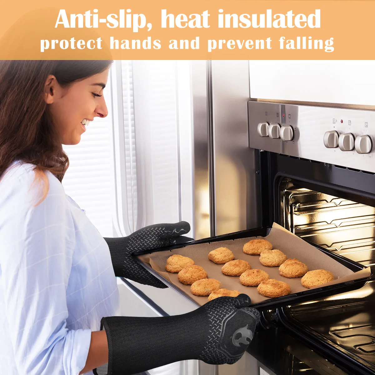 

1Pair Heat Resistant Black Silicone Oven Mitts Bbq Grilling Gloves Non Slip High Temperature Protection for Cooking Baking