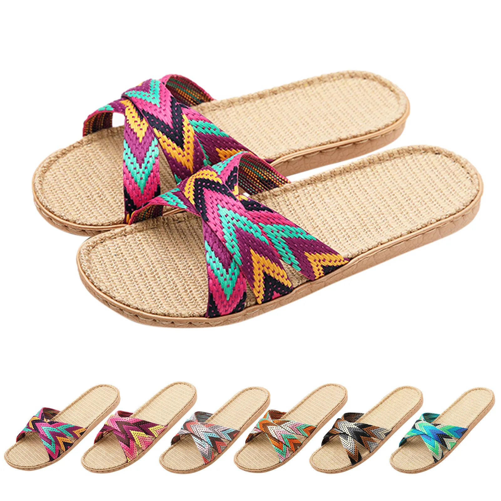 Multicolor Flax Slippers For Women Summer Linen Indoor Shoes Home Casual Beach Slides Cross Belt Ladies Flip Flops Sandals