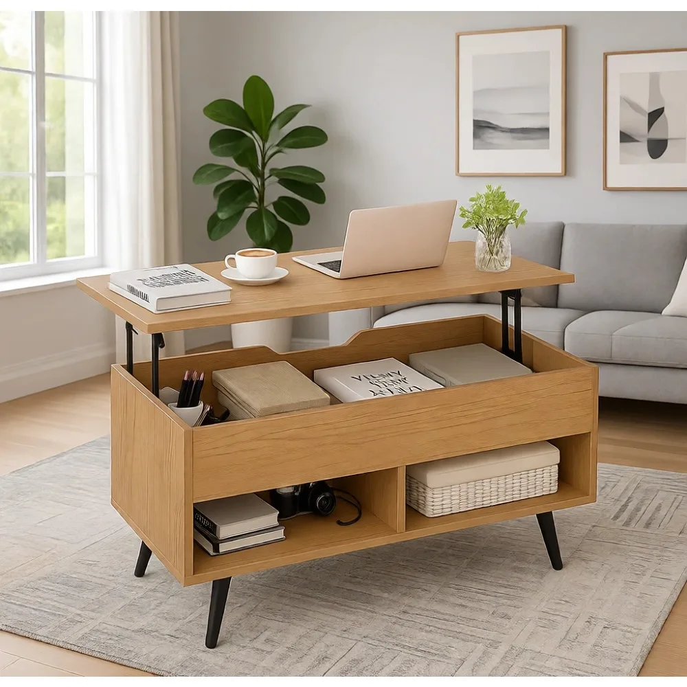 Modern Lift Top Coffee Table for Living Room: Natural Wooden Design with Hidden Compartment and 2 Shelves