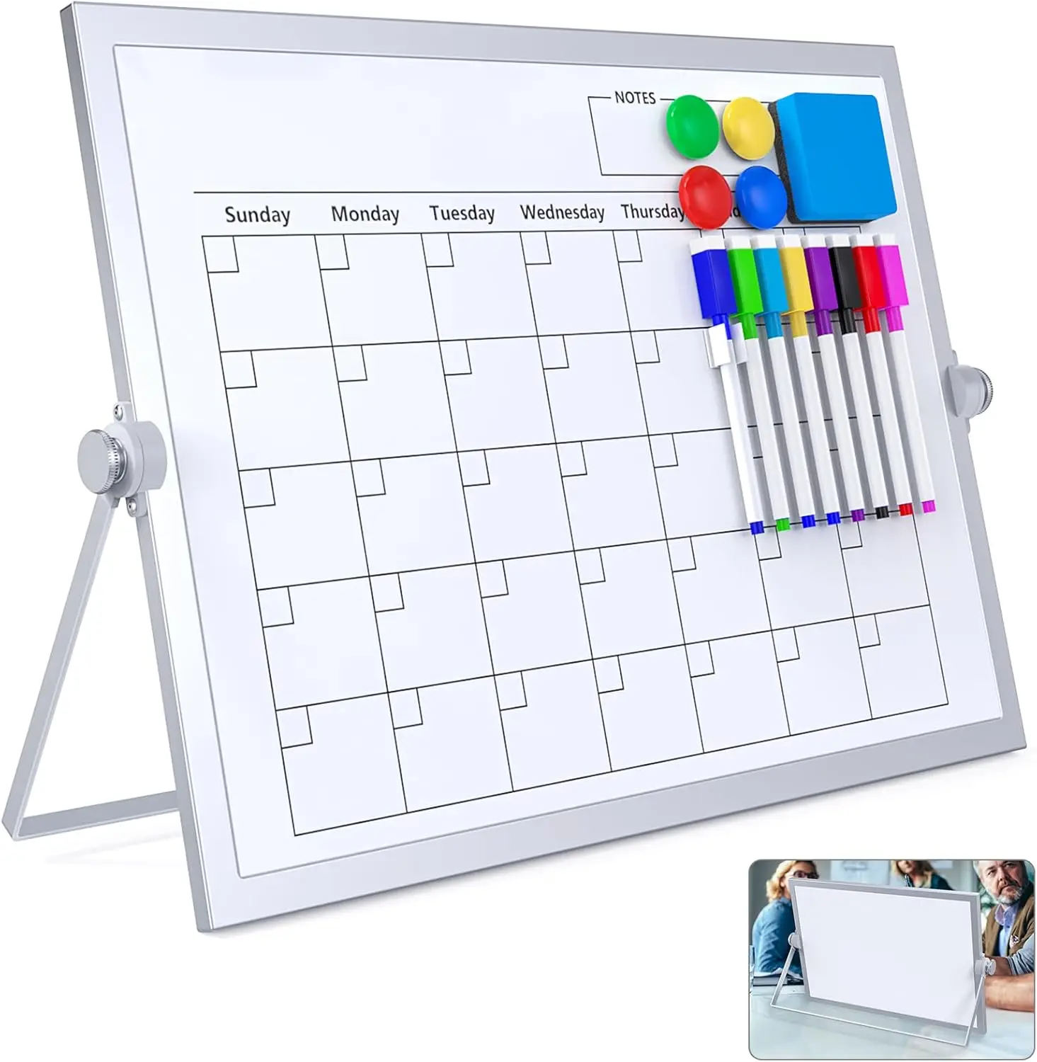Dry Erase White Board, 16X12IN Magnetic Desktop Whiteboard Calendar with Stand, 8 Markers, 4 Magnets, 1 Eraser, Portable