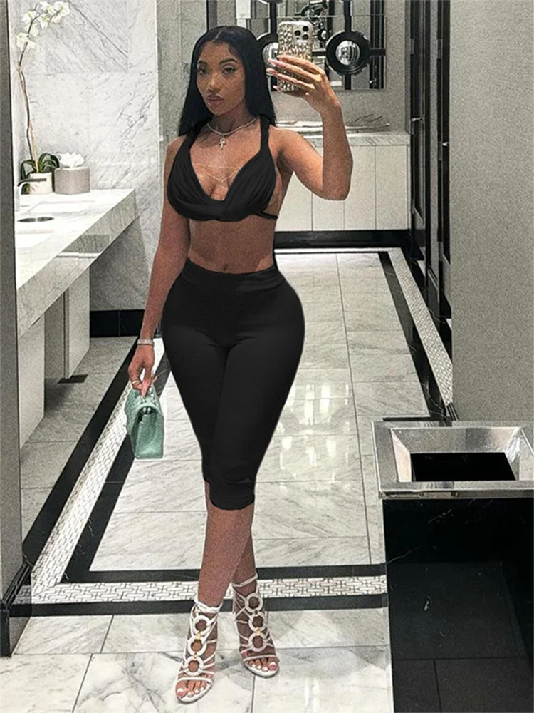 

Insglas Summer Trend Women 2Piece Set Mesh Sexy See Through Thin Whip Halter Tank Tops+Wide Waist Shorts Matching Street Outfits