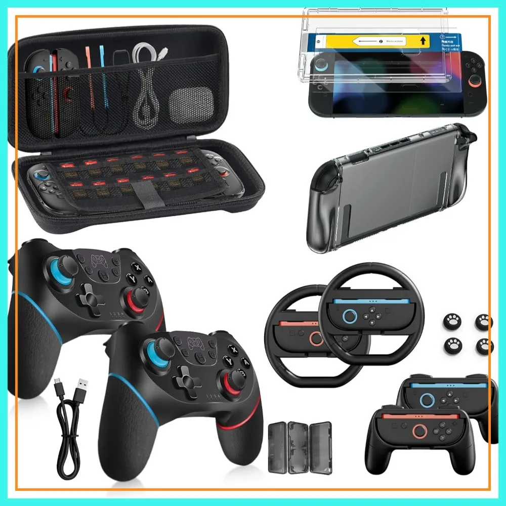 

18-in-1 Switch 2 Game Kit: Carrying Case, 2 Controllers, Screen Protector, Joycon Grips, Steering Wheels, Travel Bundle