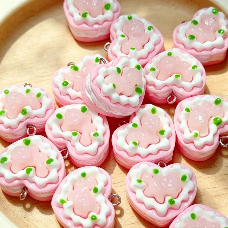 10Pcs Kawaii 3D Heart Rose Cake‑Shaped Resin Charms Sweet Mini Food Pendants DIY Craft Materials for Earrings Keychains